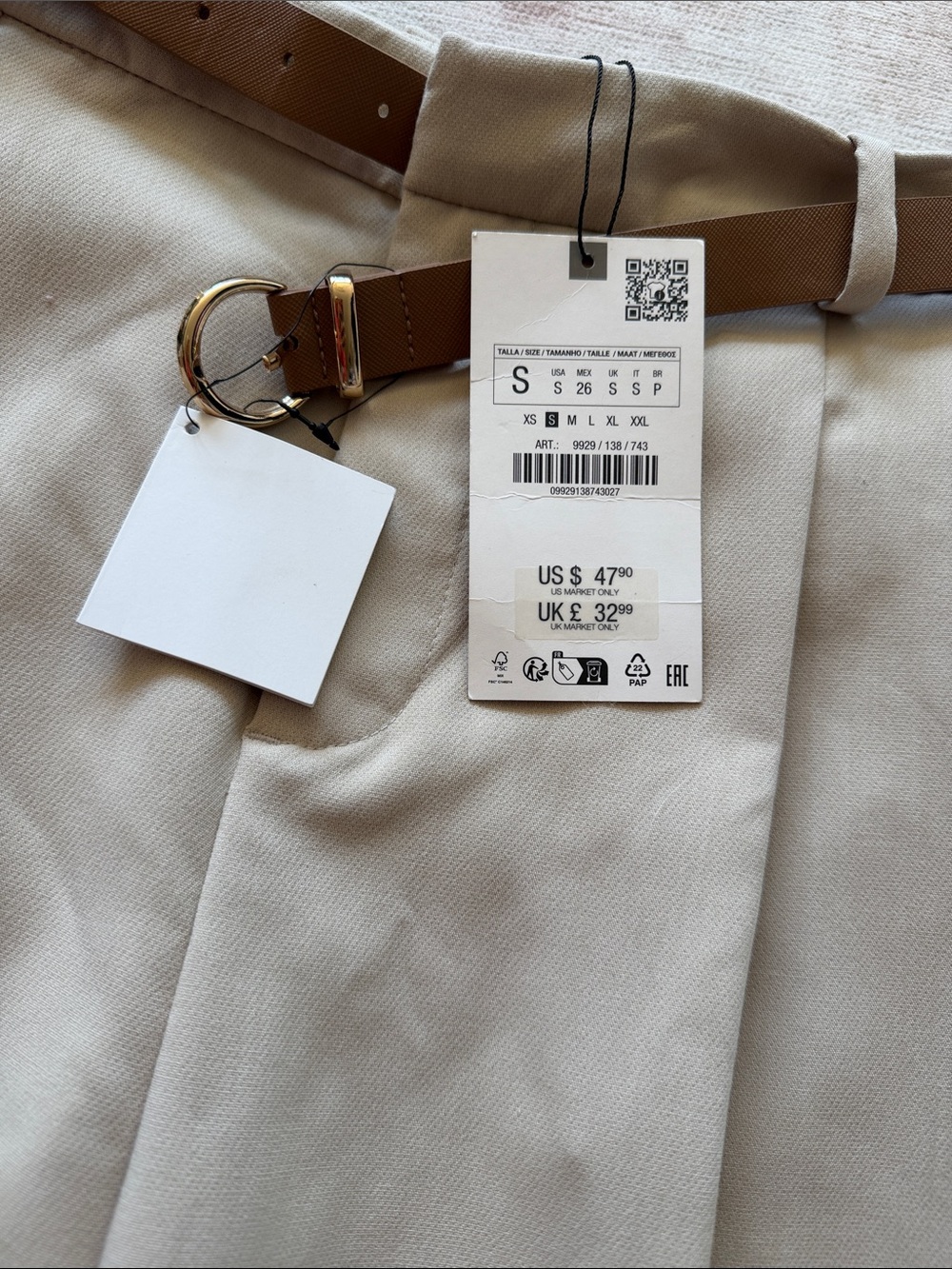 Zara Belted Pants Beige Small - Picture 2 of 6